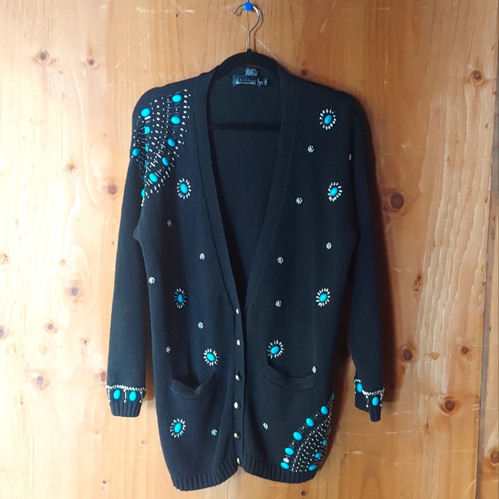 Le Chois Vintage Black Cotton Blend Beaded Cardigan Sweater